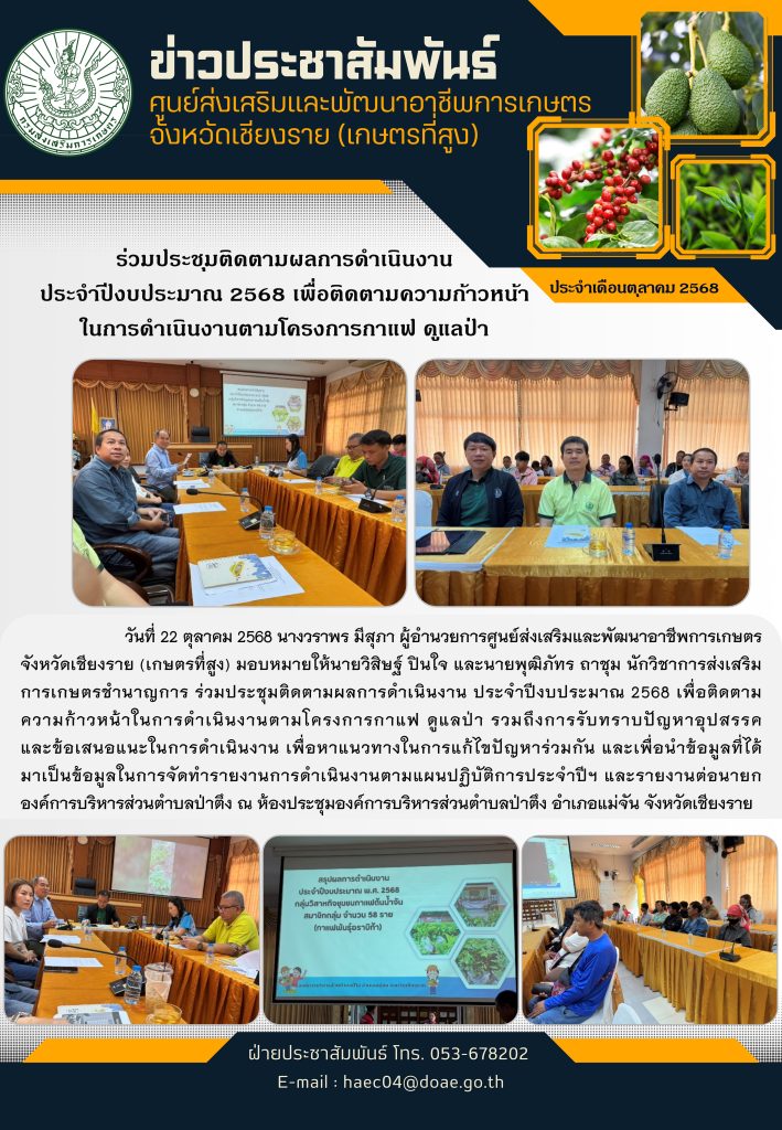 ร่วมประชุมติดตามผลการดำเนินงาน ประจำปีงบประมาณ 2568 เพื่อติดตามความก้าวหน้าในการดำเนินงานตามโครงการกาแฟ ดูแลป่า